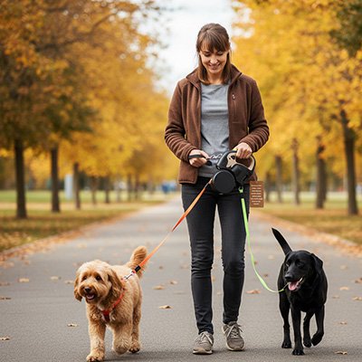 Laisse double pour Chien avec boîtier sac à déchets