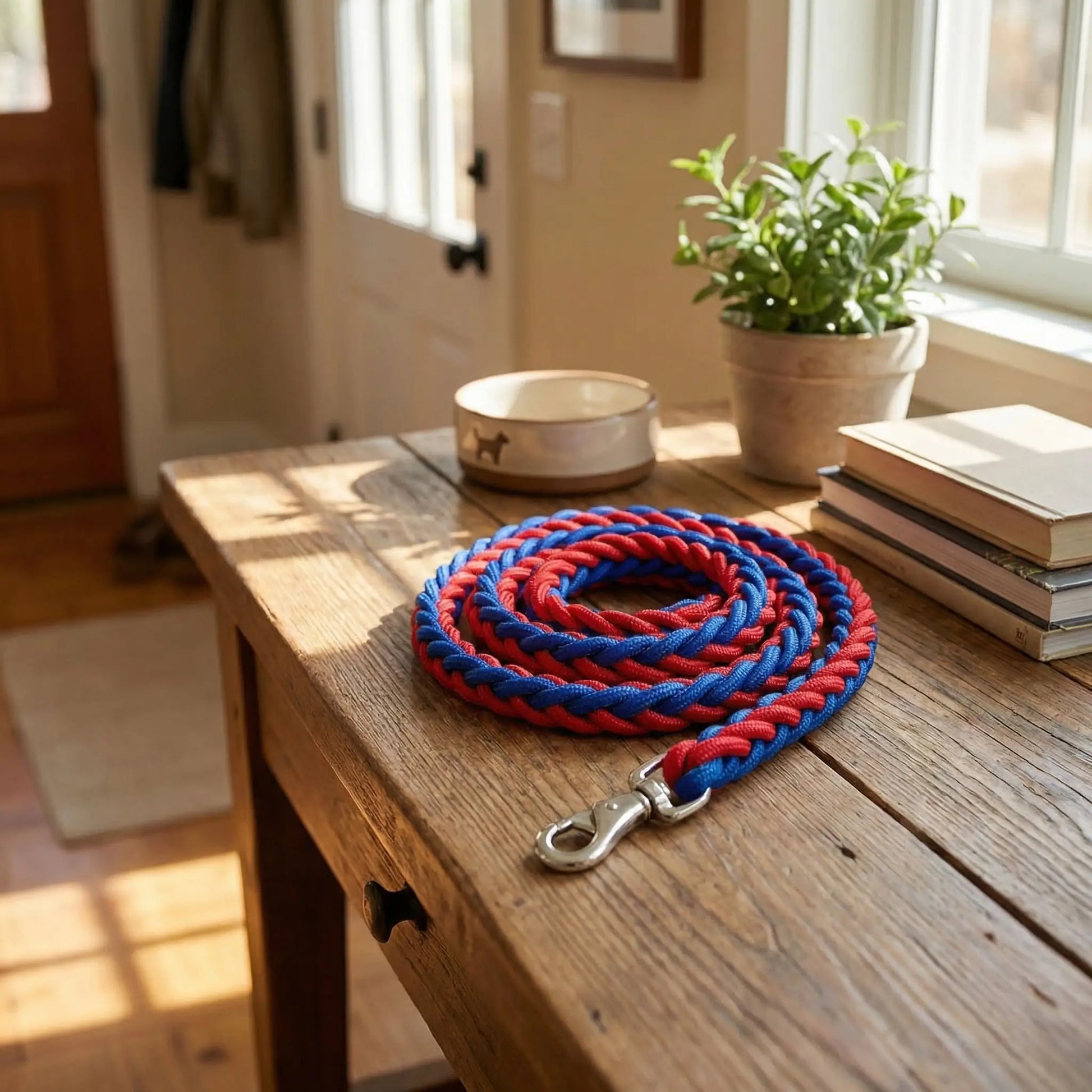 laisse pour chien tressé bleu et rouge