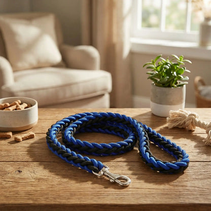 laisse pour chien tressé noir et bleu