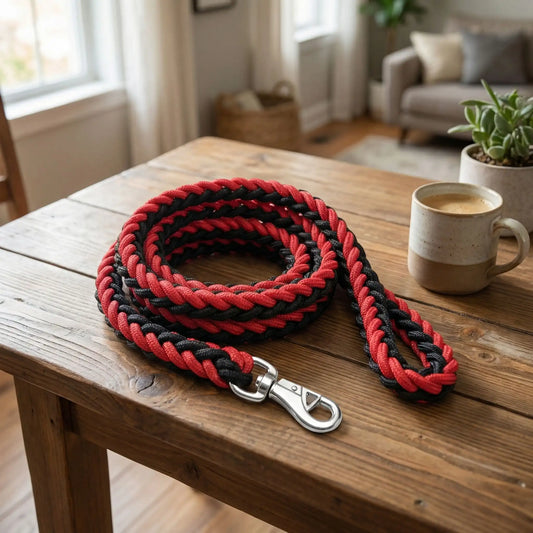 laisse pour chien tressé noir et rouge